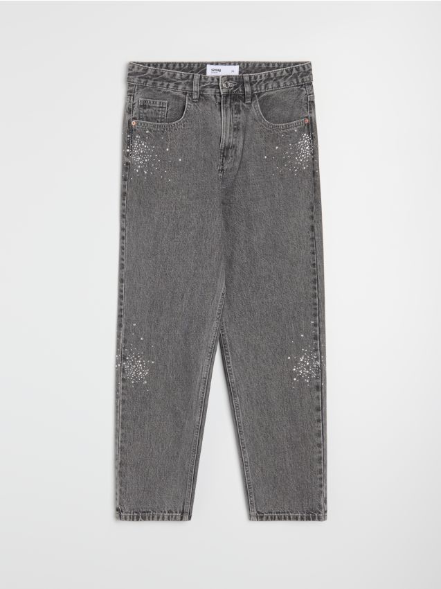 Sinsay - Blugi mom fit din bumbac cu strasuri decorative - gri