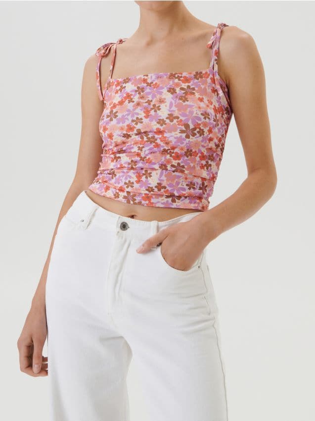 Sinsay - Top na ramiączkach z wiązaniami i kwiatowym wzorem - wielobarwny