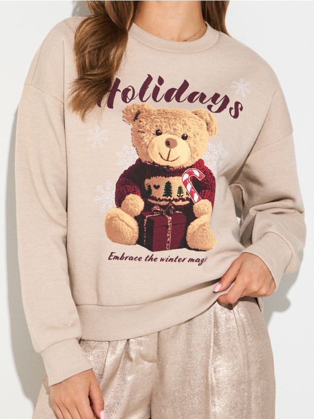 Sinsay - Bluza crewneck z motywem świątecznym - beżowy