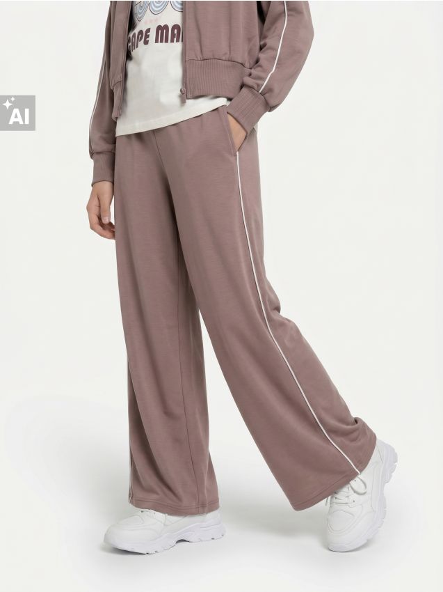 Sinsay - Pantaloni sport wide leg cu manșete și amestec de viscoză Active - cafeniu
