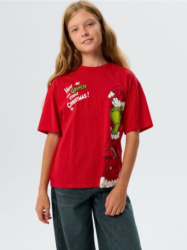 Sinsay - Tricou din bumbac cu motiv de Crăciun Grinch - roșu