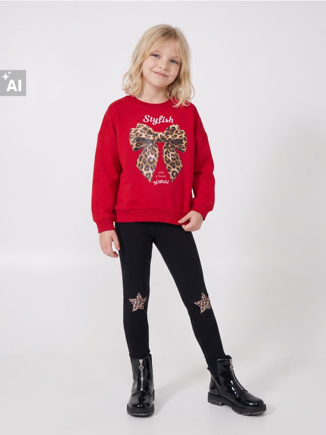 Sinsay - Hanorac crewneck cu fundă cu imprimeu leopard și bumbac - roșu