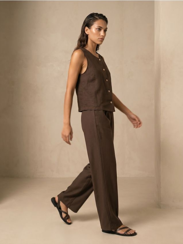 Blusa senza maniche con bottoni in viscosa con misto lino - marrone polveroso