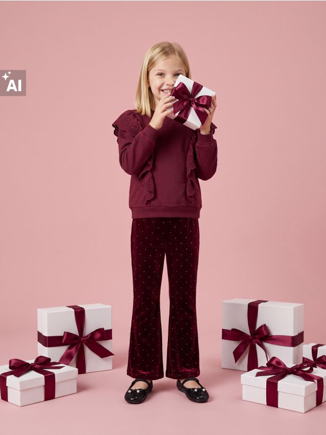 Sinsay - Bluză crewneck din bumbac cu volane decorative - bordo