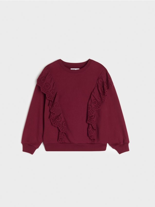 Sinsay - Bluză crewneck din bumbac cu volane decorative - bordo