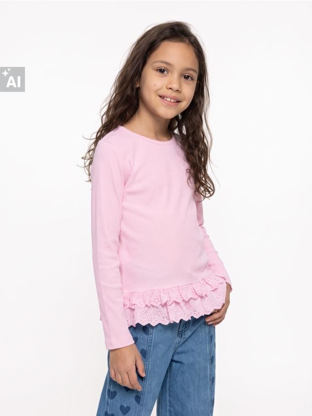 Sinsay - Tricou cu nervuri, cu mânecă lungă și volane - roz