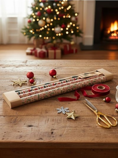 Świąteczny zestaw papierów do pakowania z motywem choinek i wzorem allover