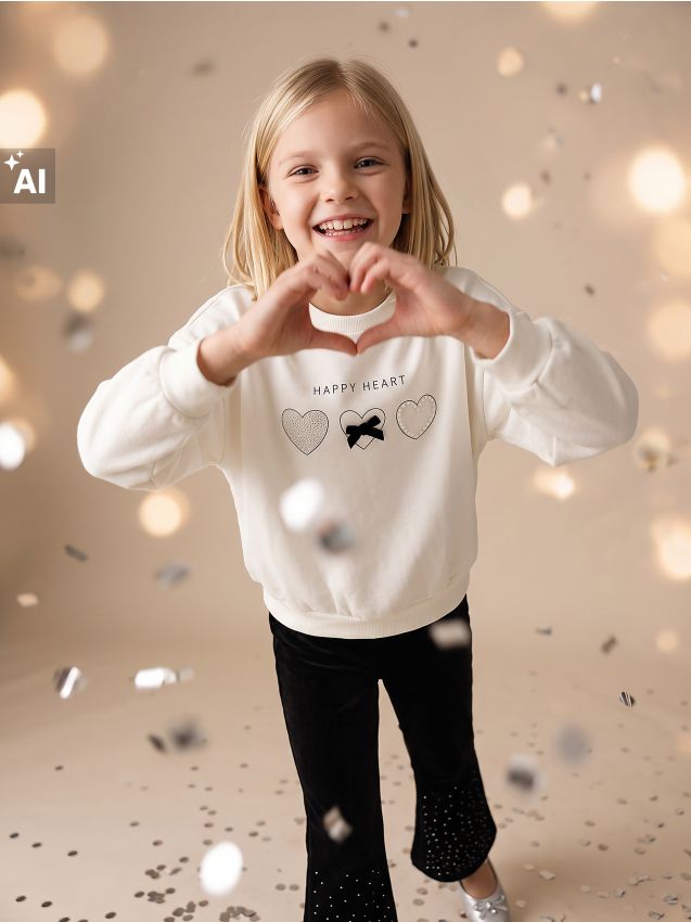 Sinsay - Bluză crewneck cu bumbac, motiv de inimioare și fundiță decorativă - crem