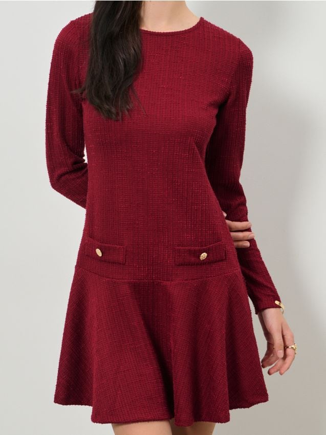 Sinsay - Rochie mini evazată cu mâneci lungi - bordo