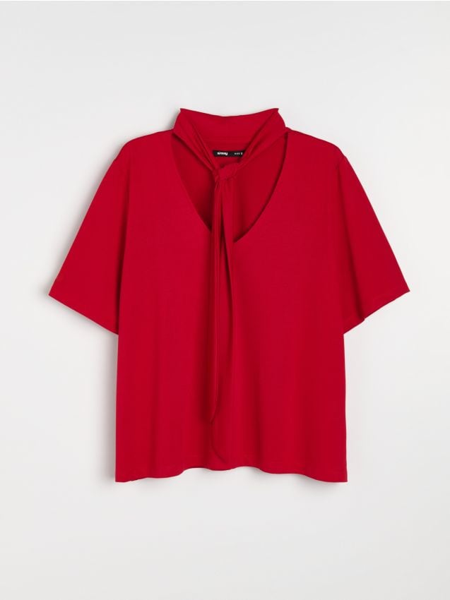 Sinsay - Tricou cu decolteu în V și legare la gât - roșu