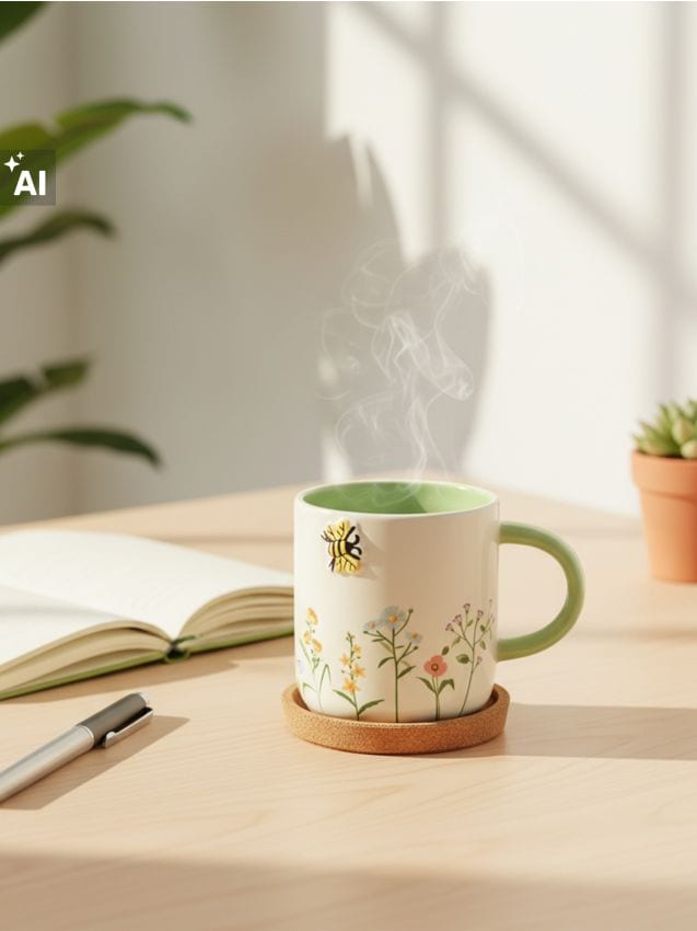 Sinsay - Cană ceramică cu motiv vegetal și animale în relief - multicolor