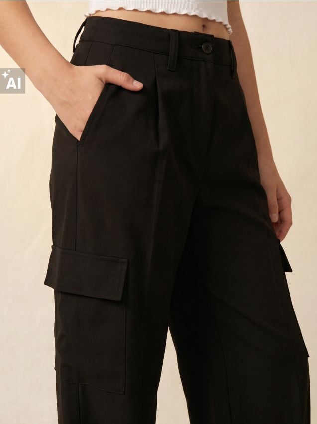 Sinsay - Pantaloni wide leg cu talie înaltă și buzunare laterale - negru