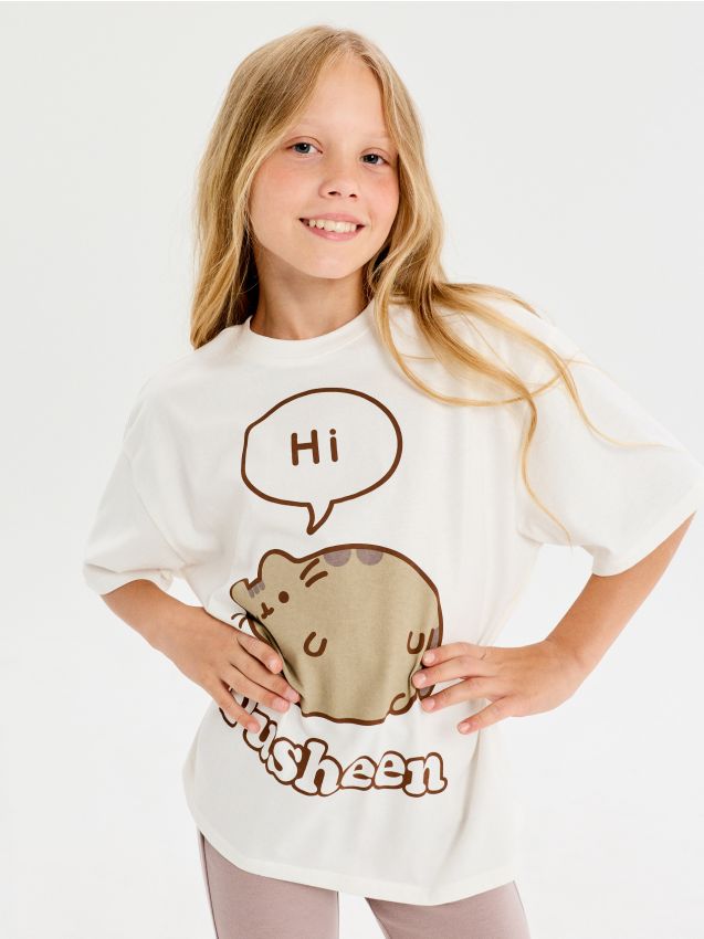 Sinsay - Tricou oversize din bumbac cu imprimeu Pusheen the Cat - crem