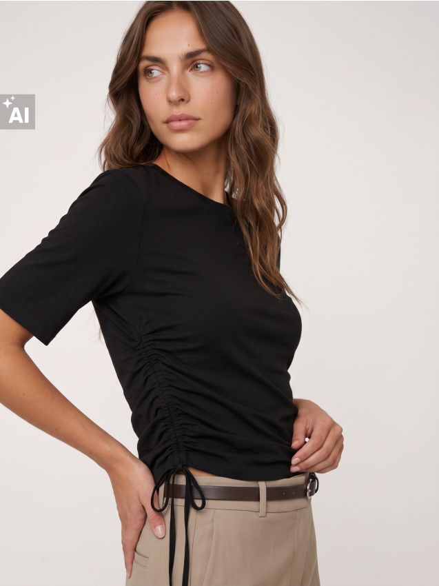 Sinsay - Bluza din bumbac cu pliuri reglabile - negru