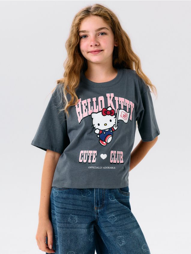 Sinsay - Tricou din bumbac boxy cu imprimeu Hello Kitty - gri-închis