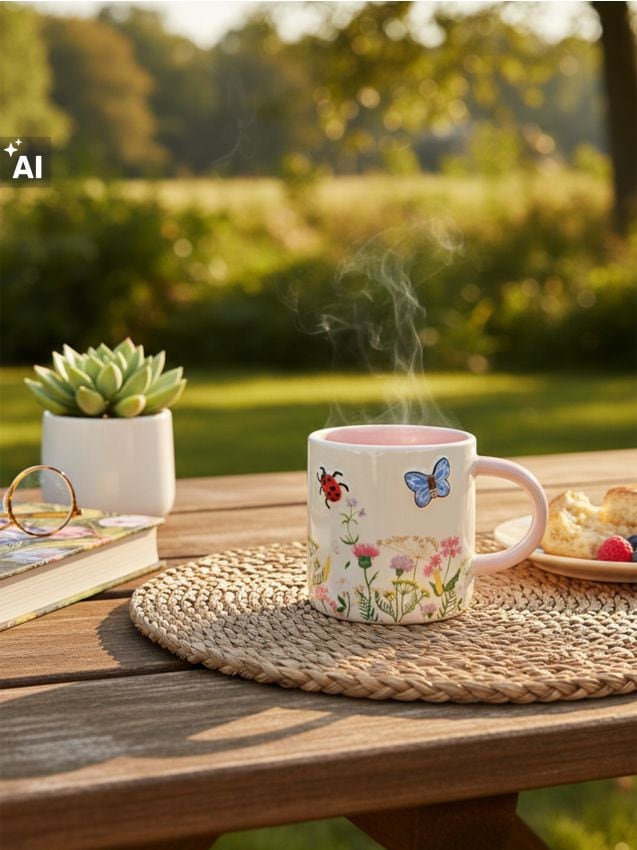 Sinsay - Cană ceramică cu motiv vegetal și animale în relief - multicolor