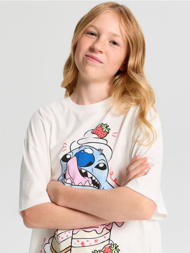 Sinsay - Tricou oversize din bumbac cu imprimeu Stitch - crem