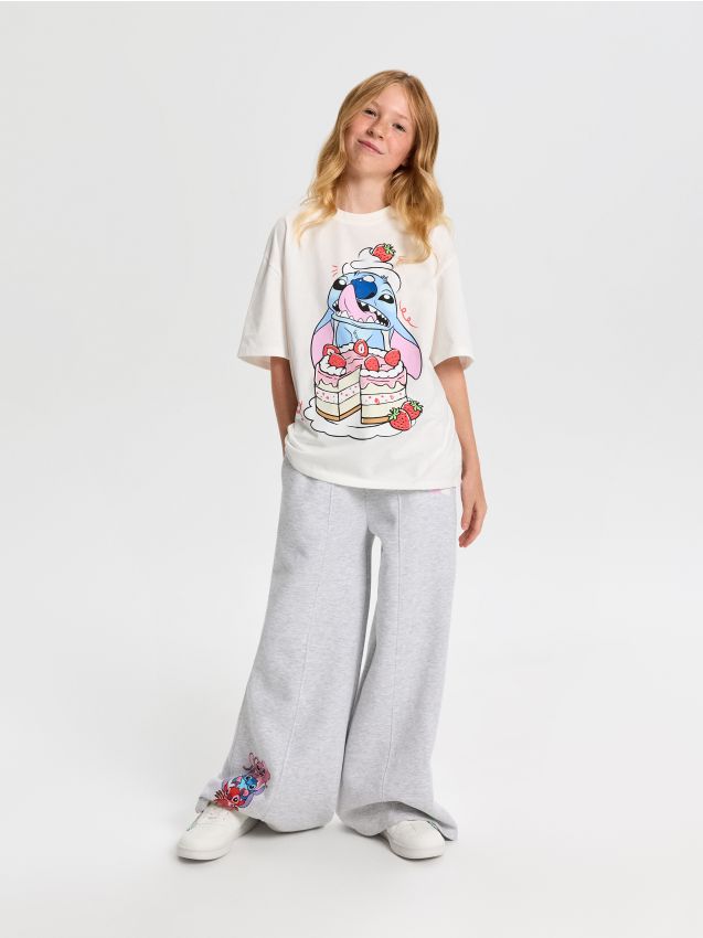 Sinsay - Tricou oversize din bumbac cu imprimeu Stitch - crem
