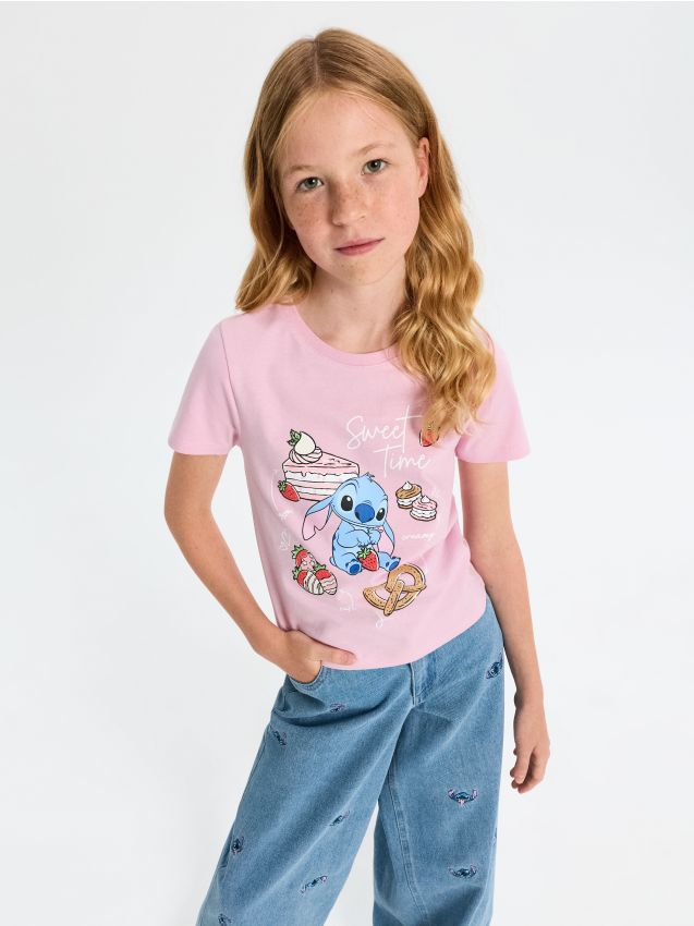 Sinsay - Tricou din bumbac cu imprimeu Stitch - roz-pastel