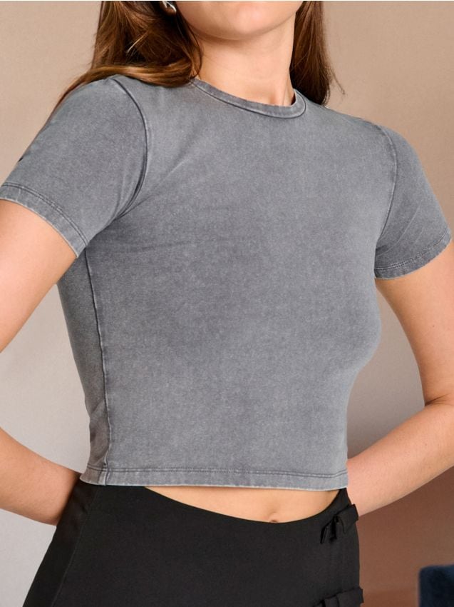 Sinsay - Koszulka crop z efektem sprania - szary