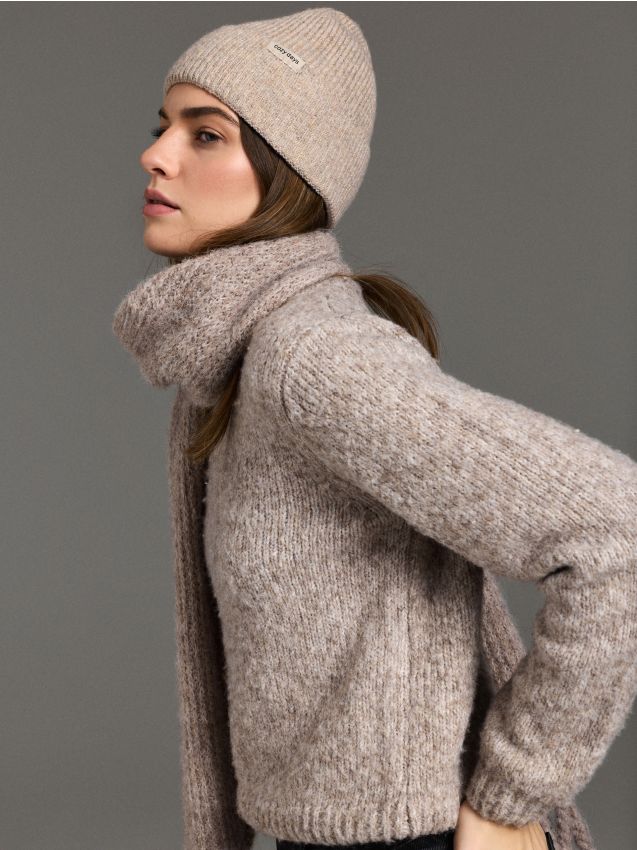 Sinsay - Căciulă beanie striată cu amestec de lână - bej