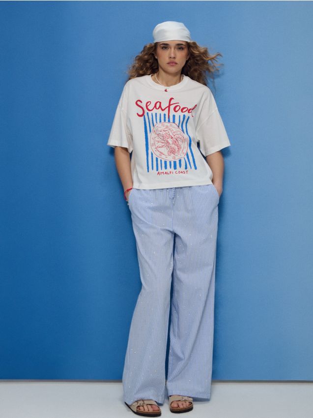 Sinsay - Spodnie wide leg w paski - błękitny