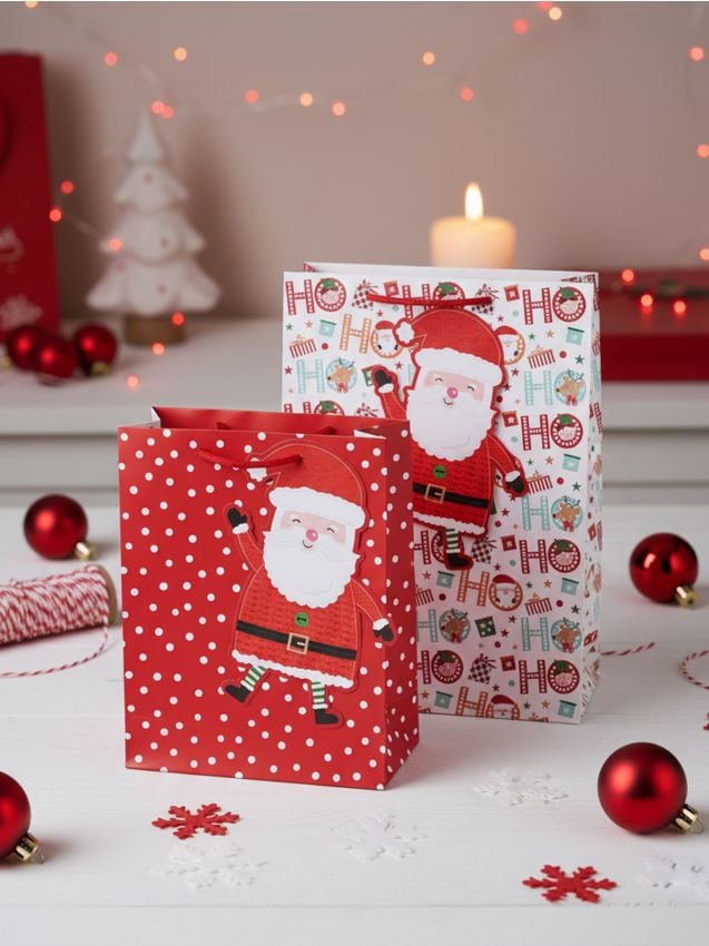 Sinsay - Pungi de cadouri de Crăciun cu motiv Moș Crăciun, spiriduși și brad, set 4 bucăți - roșu