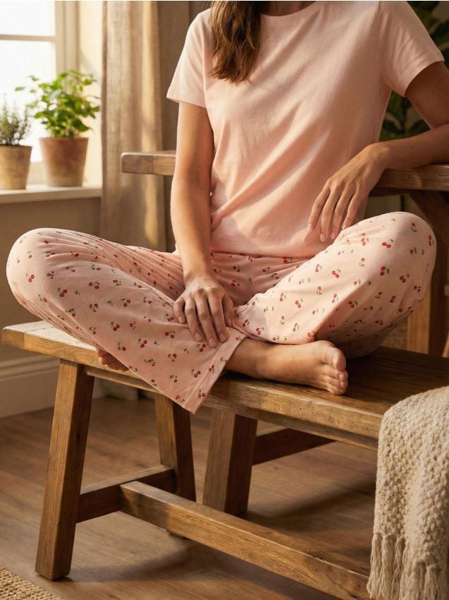 Sinsay - Bawełniana piżama dwuczęściowa z motywem wiśni - różowy