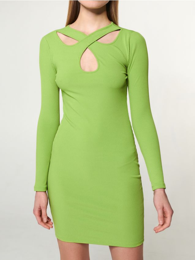 Sinsay - Rebrované mini šaty s dlhými rukávmi a výstrihom s výrezom - žlto-zelená