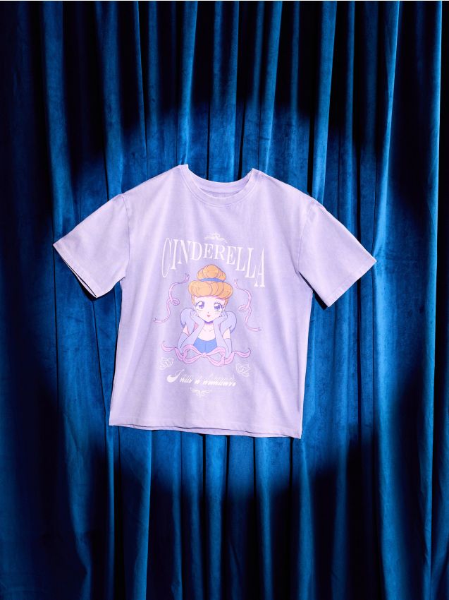 Sinsay - Tricou oversize din bumbac cu imprimeu Cinderella - mov