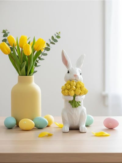 Wielkanocna figurka zająca z bukietem kwiatów