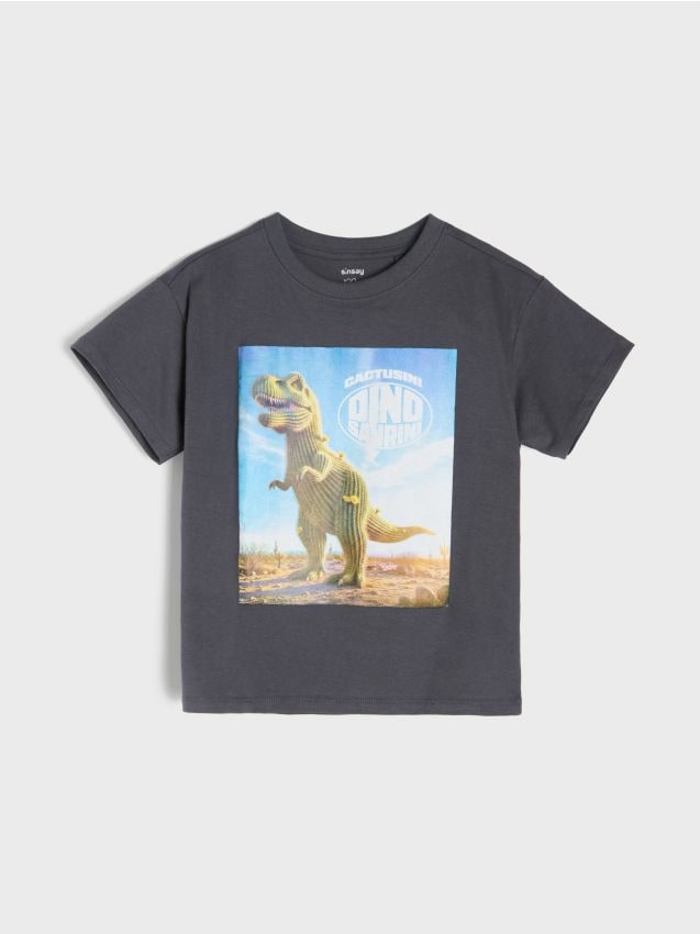 Sinsay - Tricou din bumbac cu imprimeu Cactusini Dinosaurini tip Brainrot - negru-antracit