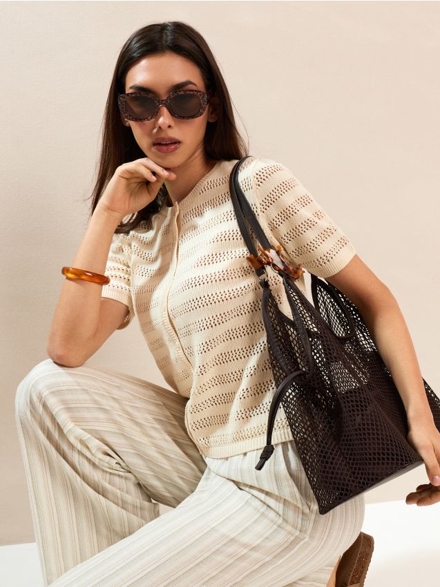 Cardigan traforato in cotone a maniche corte - nude