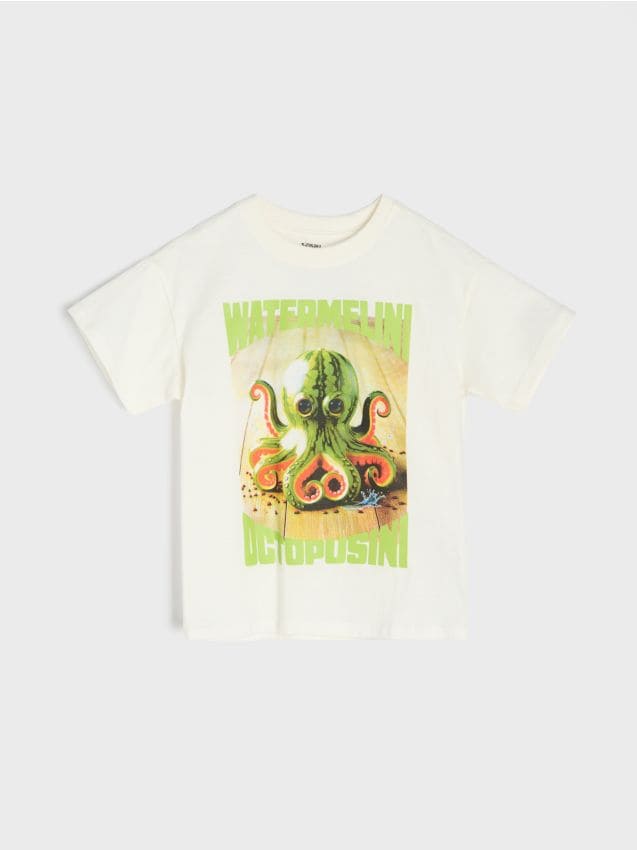 Sinsay - Tricou din bumbac cu imprimeu Watermelini Octopusini tip Brainrot - crem
