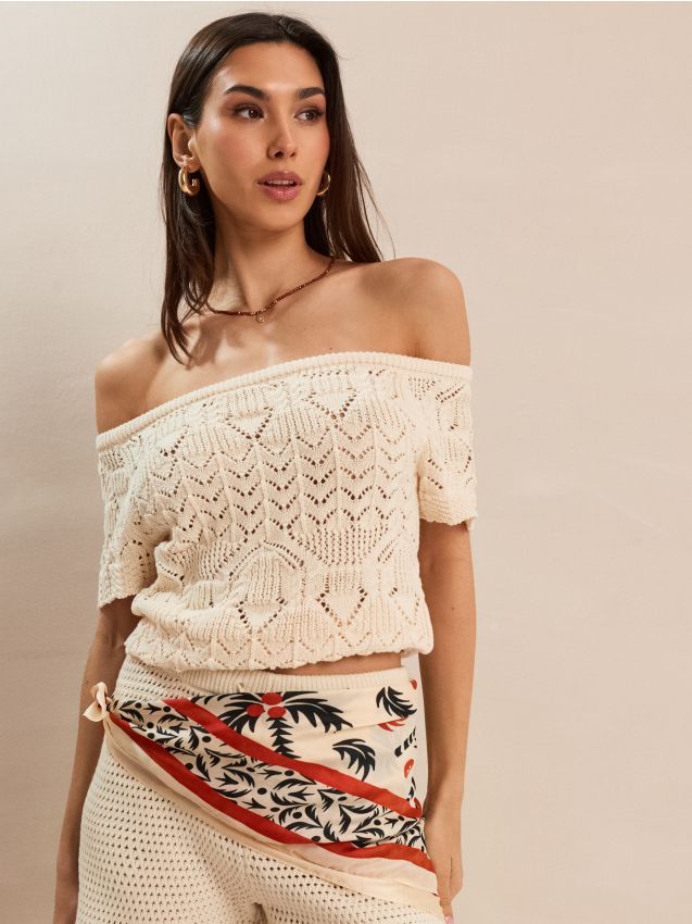 Blusa traforata a maniche corte con cotone - nude