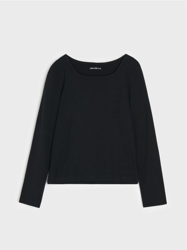 Sinsay - Tricou din bumbac, cu mânecă lungă - negru