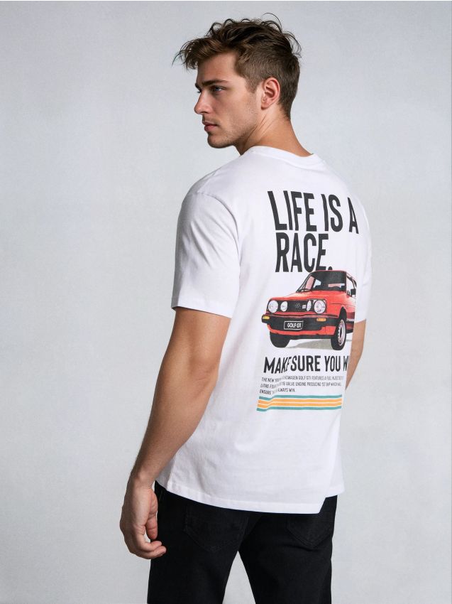 Sinsay - Bawełniana koszulka z nadrukiem na plecach Volkswagen - biały