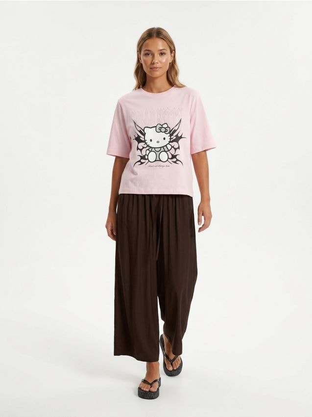 Sinsay - Tricou din bumbac cu imprimeu și pietre decorative Hello Kitty - roz-pastel