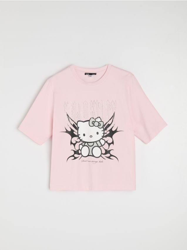 Sinsay - Tricou din bumbac cu imprimeu și pietre decorative Hello Kitty - roz-pastel