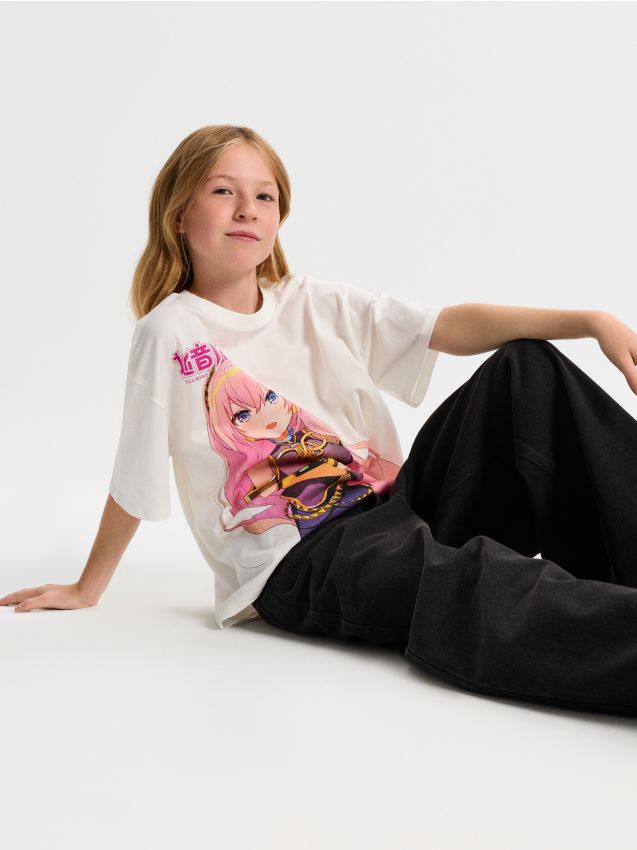 Sinsay - Tricou oversize din bumbac cu imprimeu Hatsune Miku - alb
