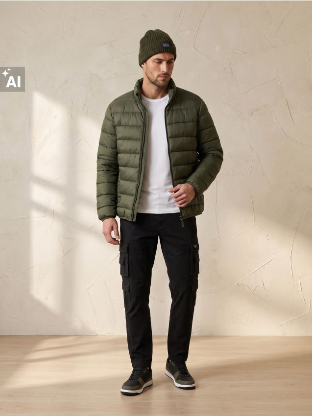 Sinsay - Geacă puffer matlasată cu guler înalt - verde-oliv