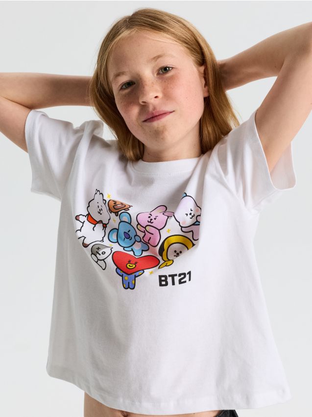 Sinsay - Tricou din bumbac cu imprimeu BT21 - crem