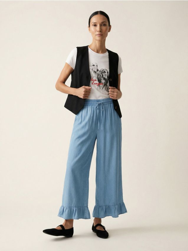 Sinsay - Pantaloni cu volane și buzunare din lyocell - light blue