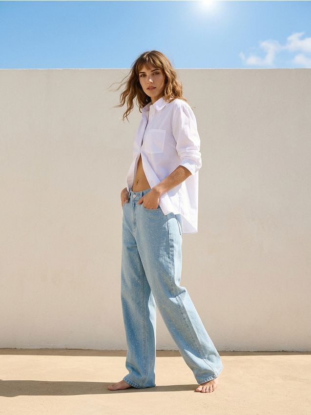 Sinsay - Blugi balloon cu strasuri decorative - albastru