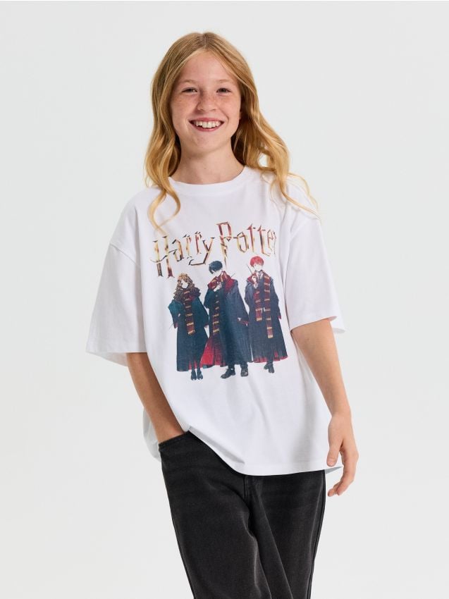 Sinsay - Tricou oversize din bumbac cu imprimeu Harry Potter - alb