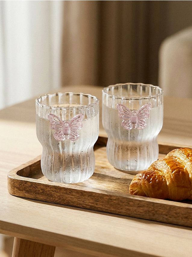 Sinsay - Pahare striate cu aplicație în formă de fluture, set de 2 - roz-pastel
