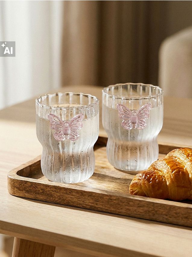 Sinsay - Pahare striate cu aplicație în formă de fluture, set de 2 - roz-pastel