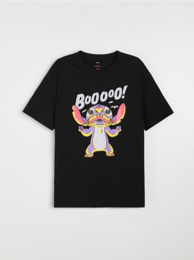 Sinsay - Tricou comfort din bumbac cu imprimeu Stitch - negru