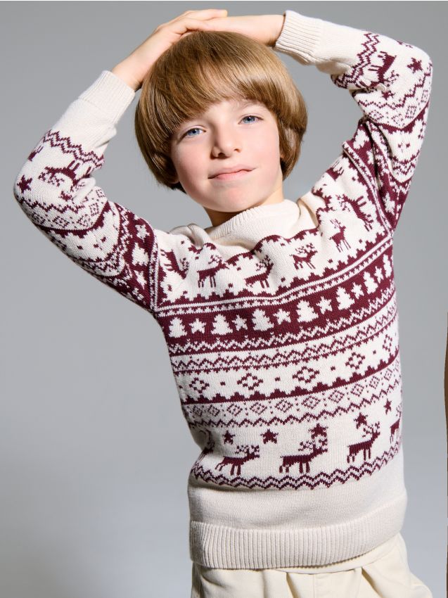 Sinsay - Vianočný sveter so škandinávskym vzorom a sobmi - krémová