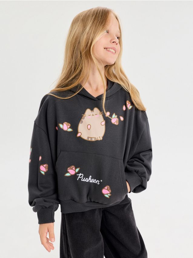 Sinsay - Hanorac oversized cu glugă și imprimeu Pusheen the Cat - gri-închis